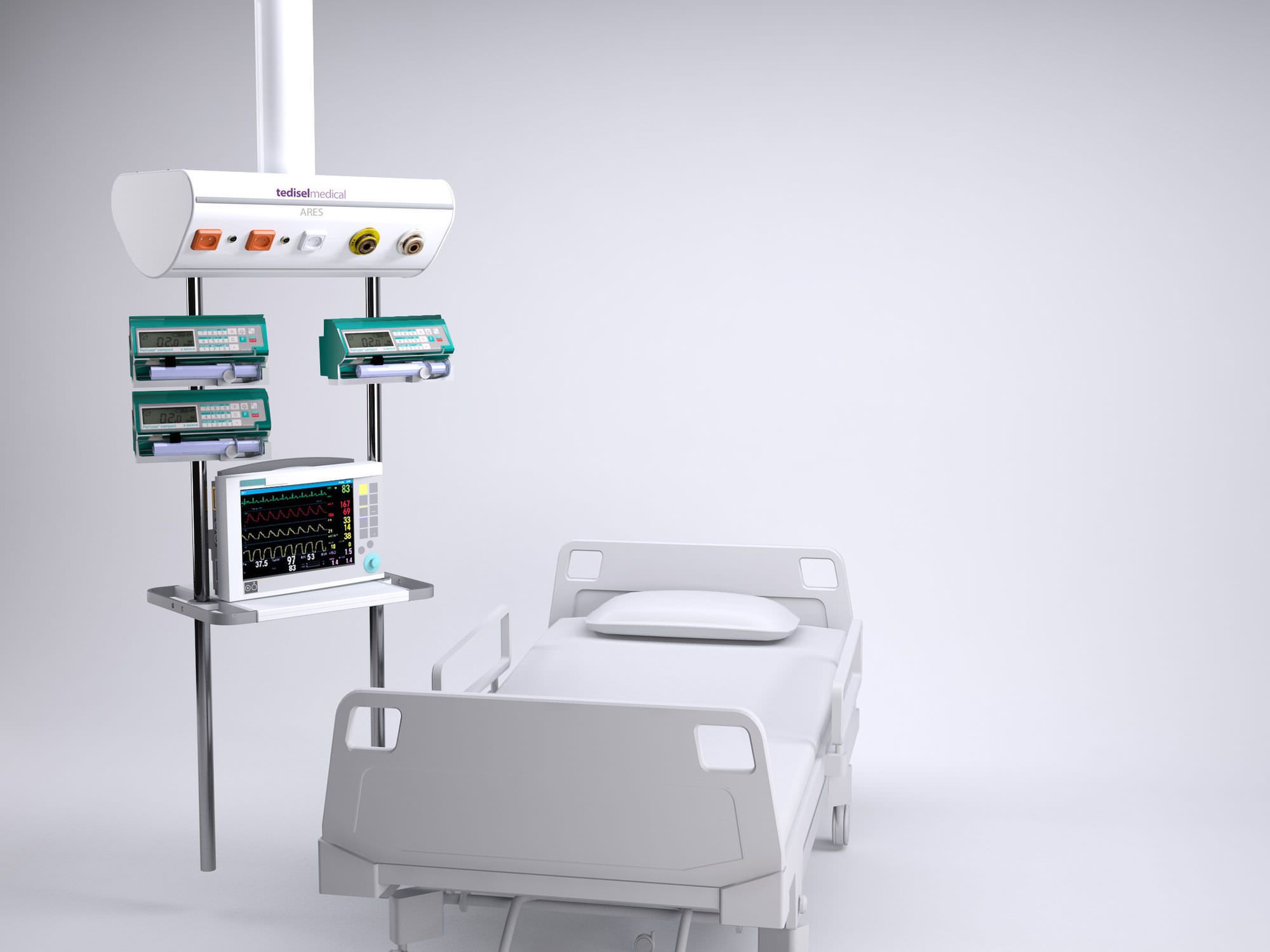 Ceiling-mounted medical pendant / articulated / single-arm / intensive care ARES Tedisel Medical