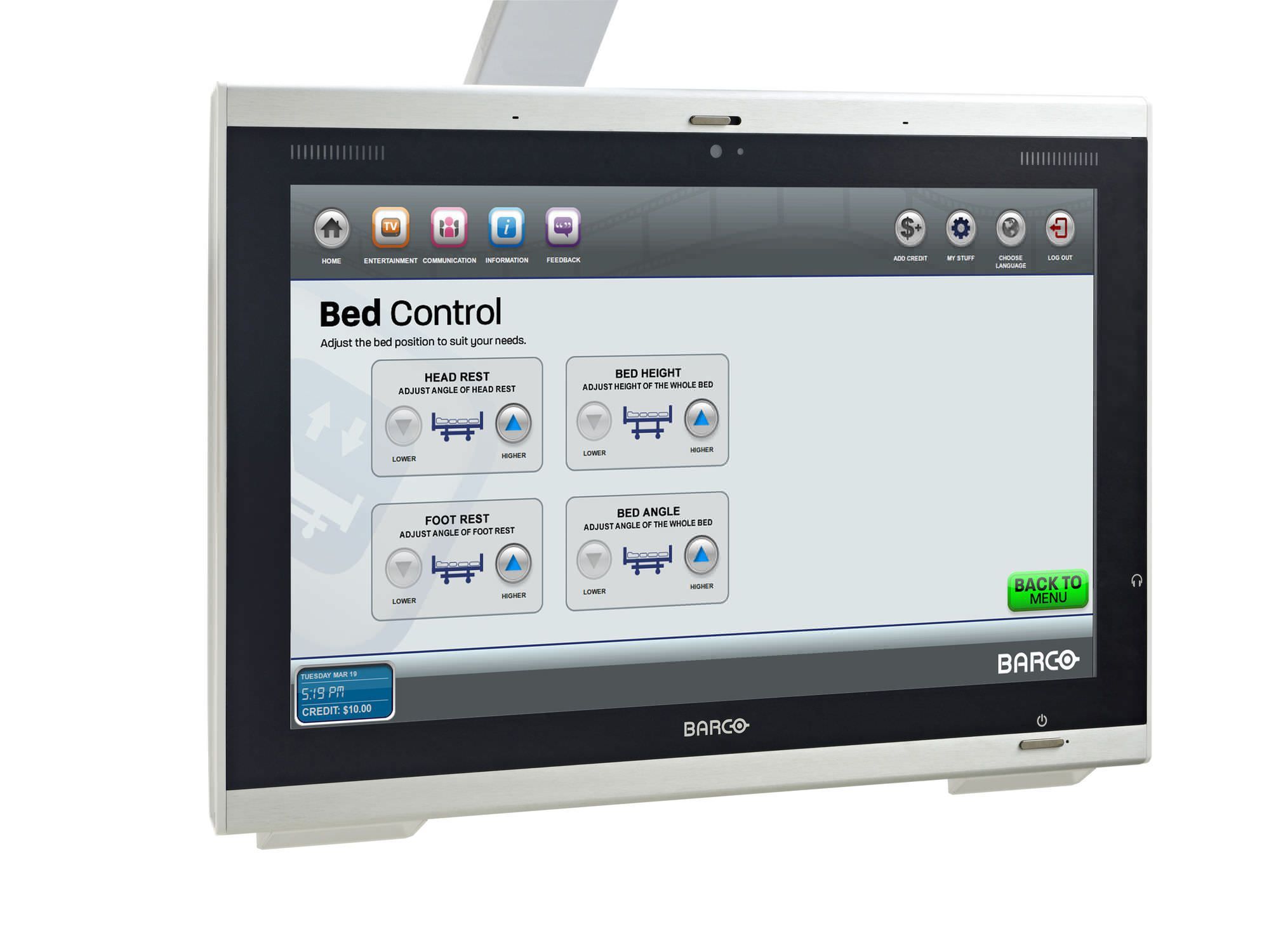 Fanless patient infotainment terminal / touch screen / antibacterial / with barcode scanner Intel Atom Cedar Trail D2550 - 1.86 GHz | ST-185B Barco